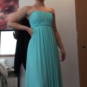 strapless teal prom dress